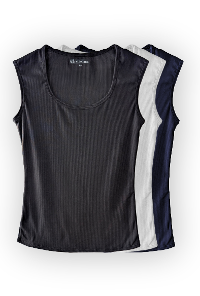 Lightweight Ribbed Tank in black, white, and navy